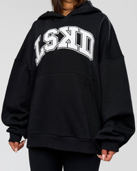 Woman wearing Varsity Boxy Hoodie - Caviar-White | Model:Bianca | Size:L