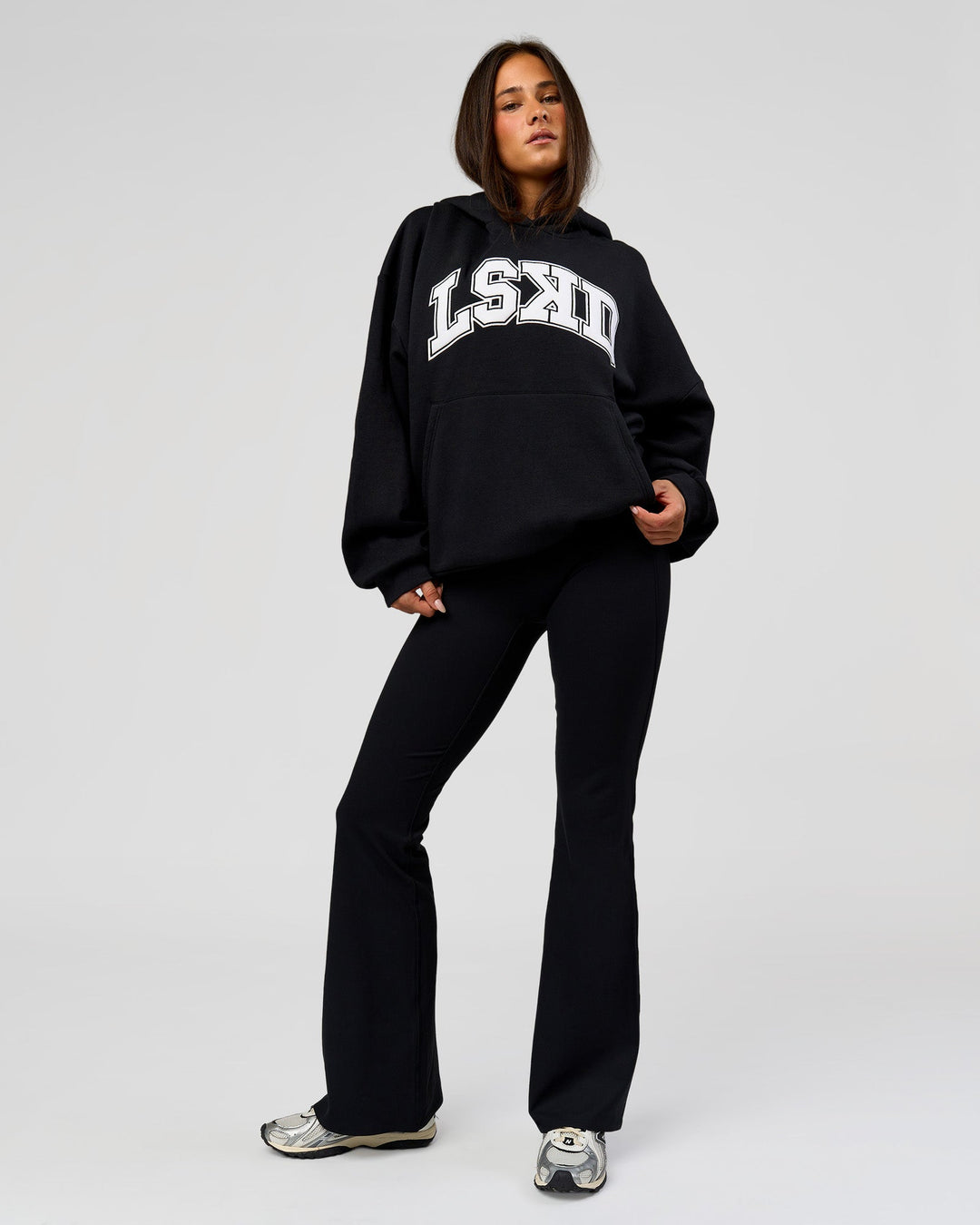 Woman wearing Varsity Boxy Hoodie - Caviar-White | Model:Bianca | Size:L