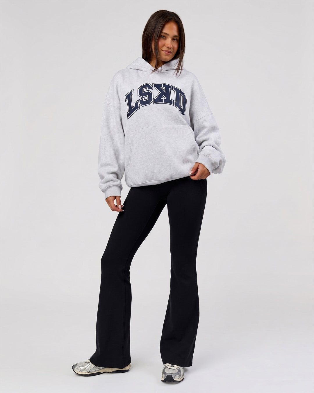 Woman wearing Varsity Boxy Hoodie - Silver Marl-Future Navy | Model:Bianca | Size:L