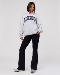Woman wearing Varsity Boxy Hoodie - Silver Marl-Future Navy | Model:Bianca | Size:L