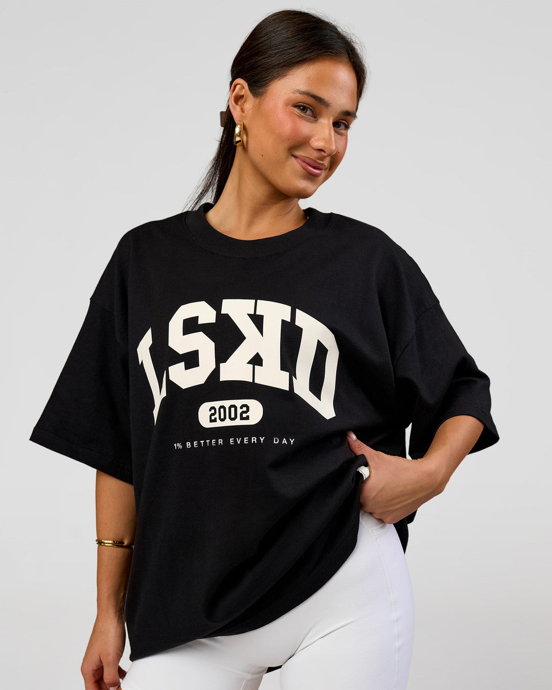 Woman wearing Varsity EST Heavyweight Oversized Tee  - Black-Off White | Model:Bianca | Size:L - view 2
