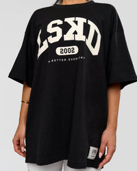 Woman wearing Varsity EST Heavyweight Oversized Tee  - Black-Off White | Model:Bianca | Size:L | Thumbnail Index: 3