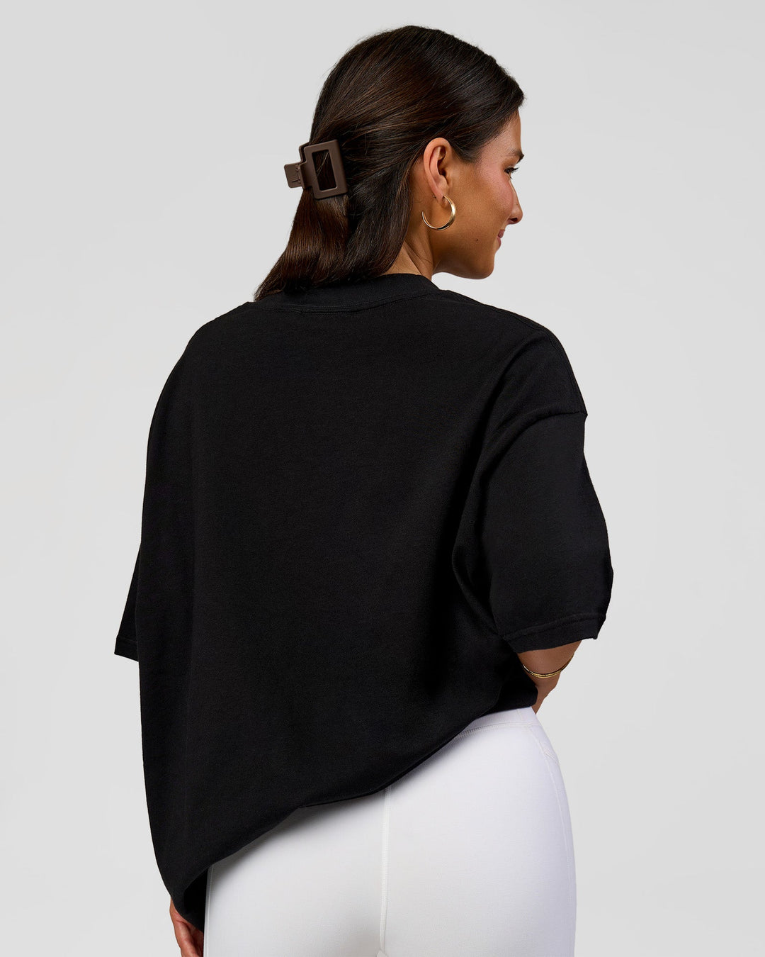 Woman wearing Varsity EST Heavyweight Oversized Tee  - Black-Off White | Model:Bianca | Size:L - view 8