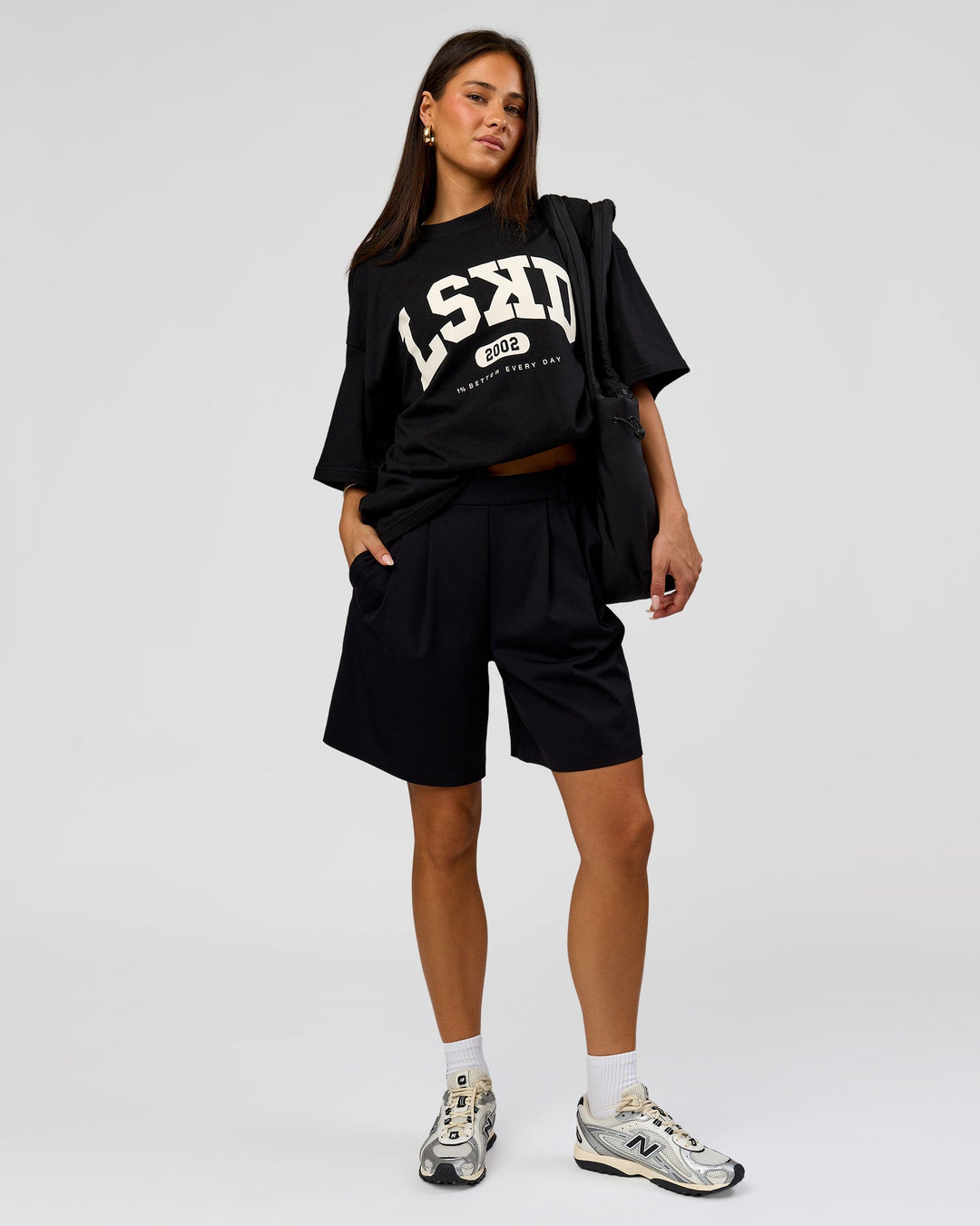Woman wearing Varsity EST Heavyweight Oversized Tee  - Black-Off White | Model:Bianca | Size:L - view 11