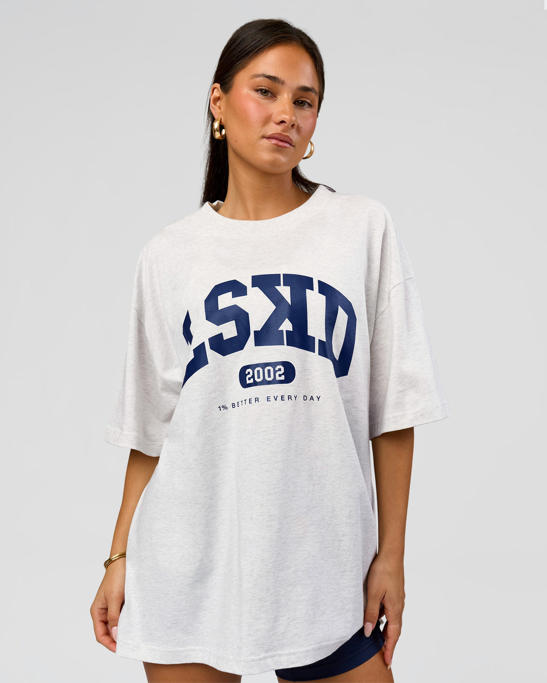 Woman wearing Varsity EST Heavyweight Oversized Tee  - Silver Marl-Future Navy | Model:Bianca | Size:L