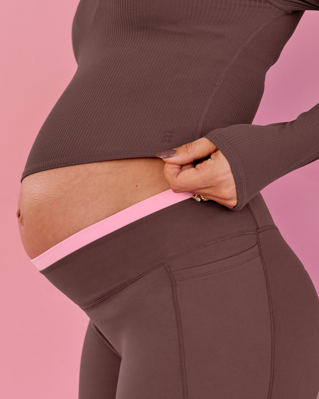 Woman wearing Bree Fusion High-Rise 4" Short Pockets - Cocoa Powder-Pink Rose | Model:Bree | Size:L - view 10