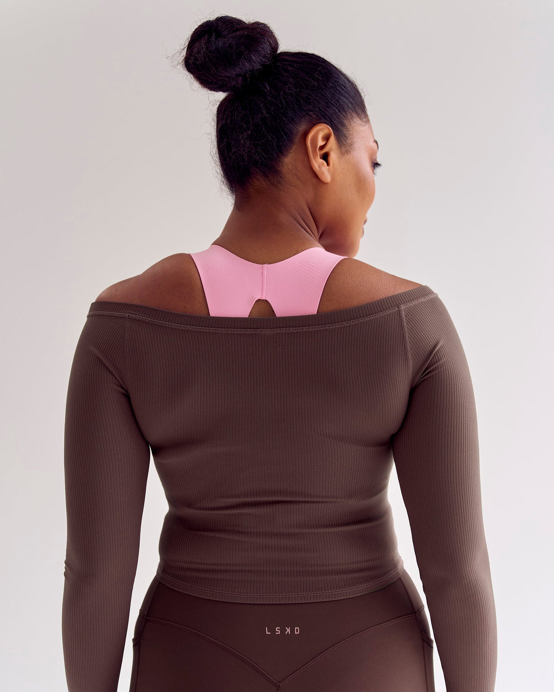 Woman wearing Bree Bardot Long Sleeve Top - Cocoa Powder | Model:Cass | Size:L - view 12