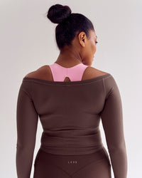 Woman wearing Bree Bardot Long Sleeve Top - Cocoa Powder | Model:Cass | Size:L | Thumbnail Index: 11