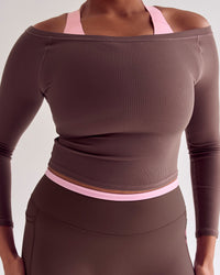Woman wearing Bree Bardot Long Sleeve Top - Cocoa Powder | Model:Cass | Size:L | Thumbnail Index: 8