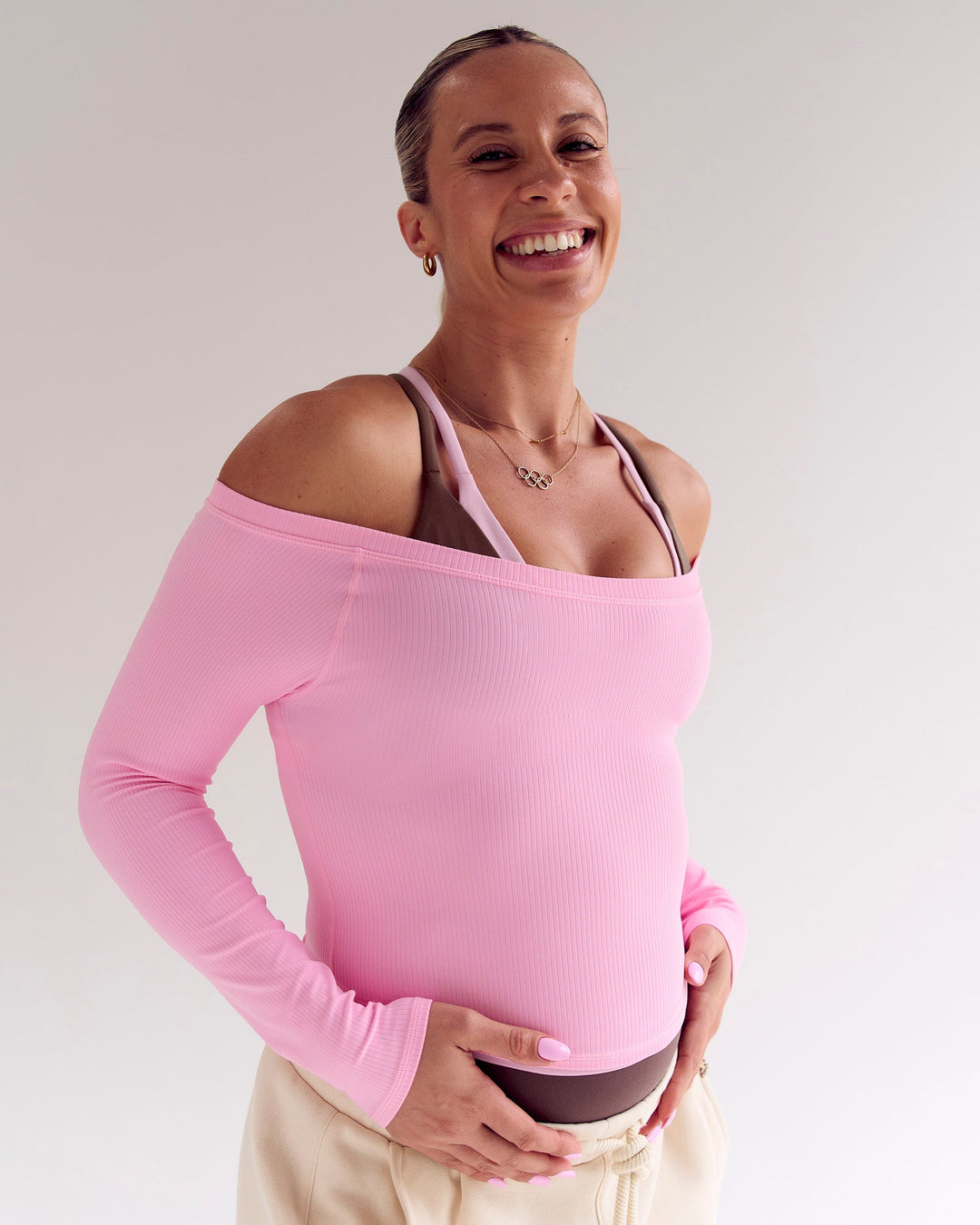 Woman wearing Bree Bardot Long Sleeve Top - Pink Rose | Model:Bree | Size:M - view 7
