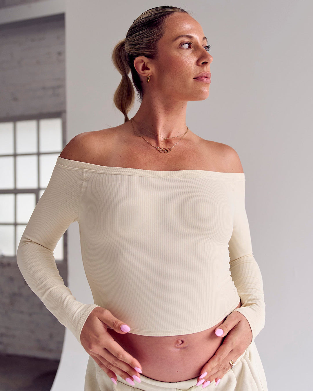 Woman wearing Bree Bardot Long Sleeve Top - Vanilla Bean | Model:Bree | Size:M - view 7