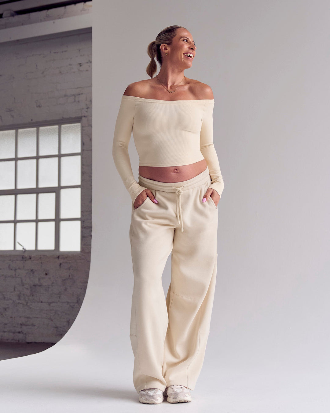 Woman wearing Bree Barrel Fleece Track Pant - Vanilla Bean | Model:Bree | Size:M - view 4