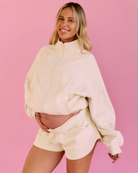 Woman wearing Bree Oversized Fleece Zip Thru - Vanilla Bean | Model:Bree | Size:M | Thumbnail Index: 2