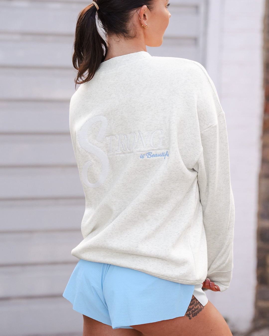Woman wearing Strong is Beautiful Oversized Sweater - Silver Marl | Model:Charlotte | Size:M - view 6