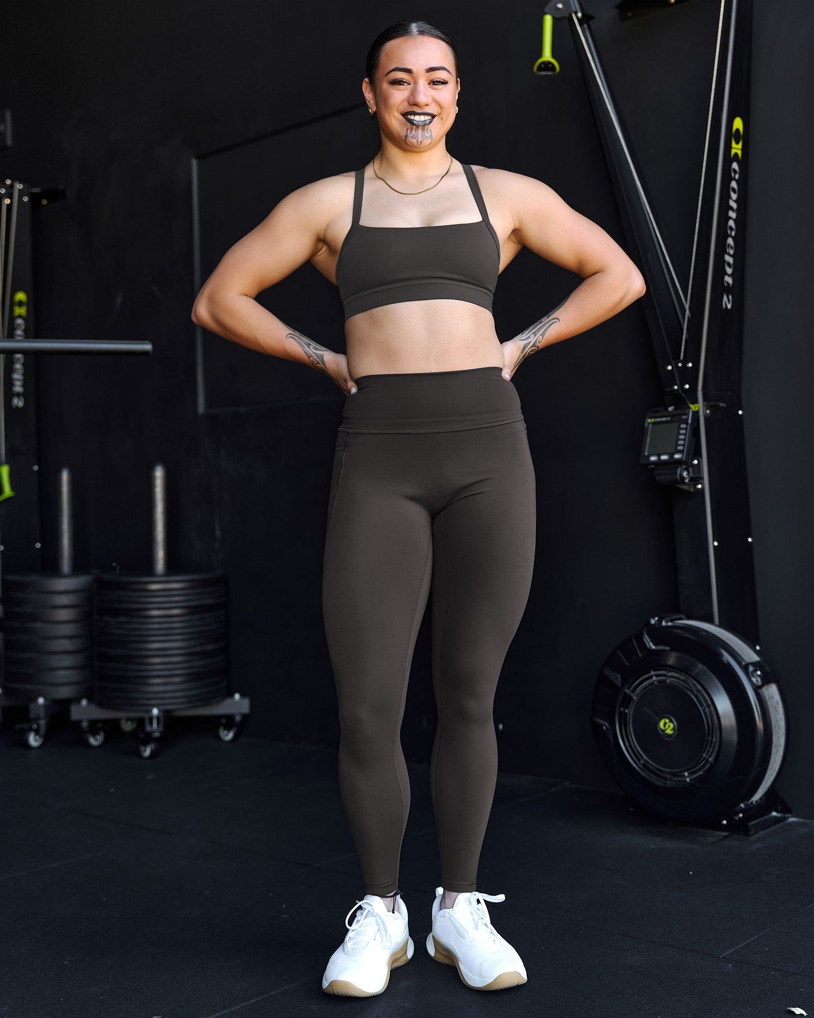 Woman wearing Fusion Ultra High-Rise Full Length Legging Pockets - Onyx | Model:Terai | Size:M