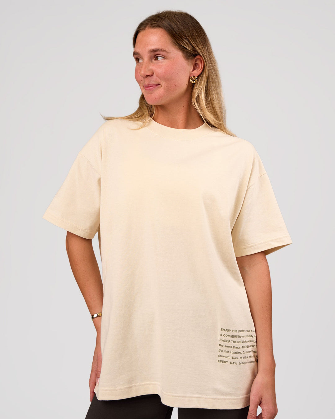 Woman wearing Block Heavyweight Oversized Tee  - Vanilla Bean | Model:Amity | Size:S - view 3