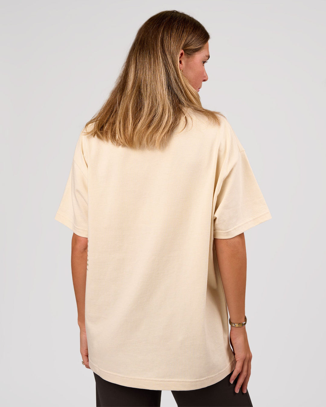 Woman wearing Block Heavyweight Oversized Tee  - Vanilla Bean | Model:Amity | Size:S - view 10