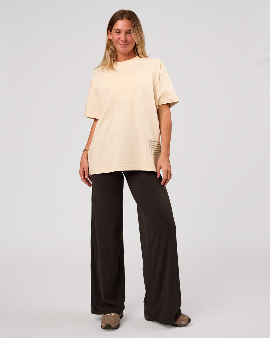 Woman wearing Block Heavyweight Oversized Tee  - Vanilla Bean | Model:Amity | Size:S - view 14