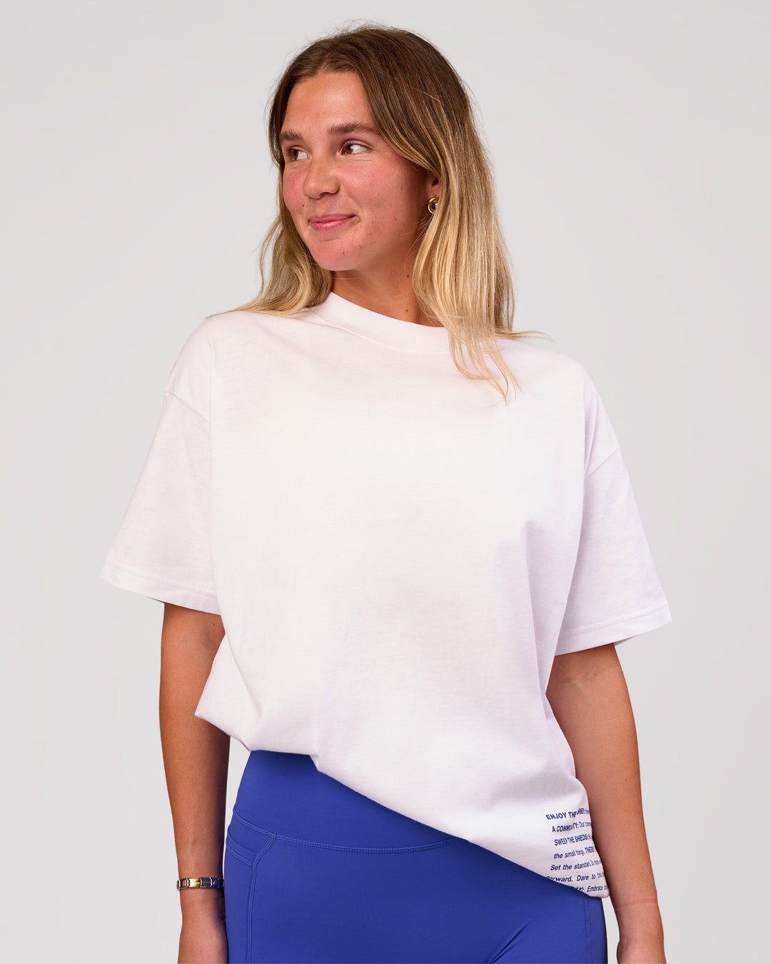 Woman wearing Block Heavyweight Oversized Tee  - White-Power Cobalt | Model:Amity | Size:S - view 3