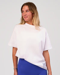 Woman wearing Block Heavyweight Oversized Tee  - White-Power Cobalt | Model:Amity | Size:S | Thumbnail Index: 2
