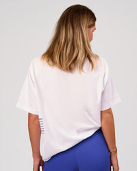 Woman wearing Block Heavyweight Oversized Tee  - White-Power Cobalt | Model:Amity | Size:S | Thumbnail Index: 5