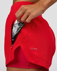 Woman wearing Challenger 3" Lined Performance Short - Scarlet | Model:Amity | Size:S | Thumbnail Index: 2