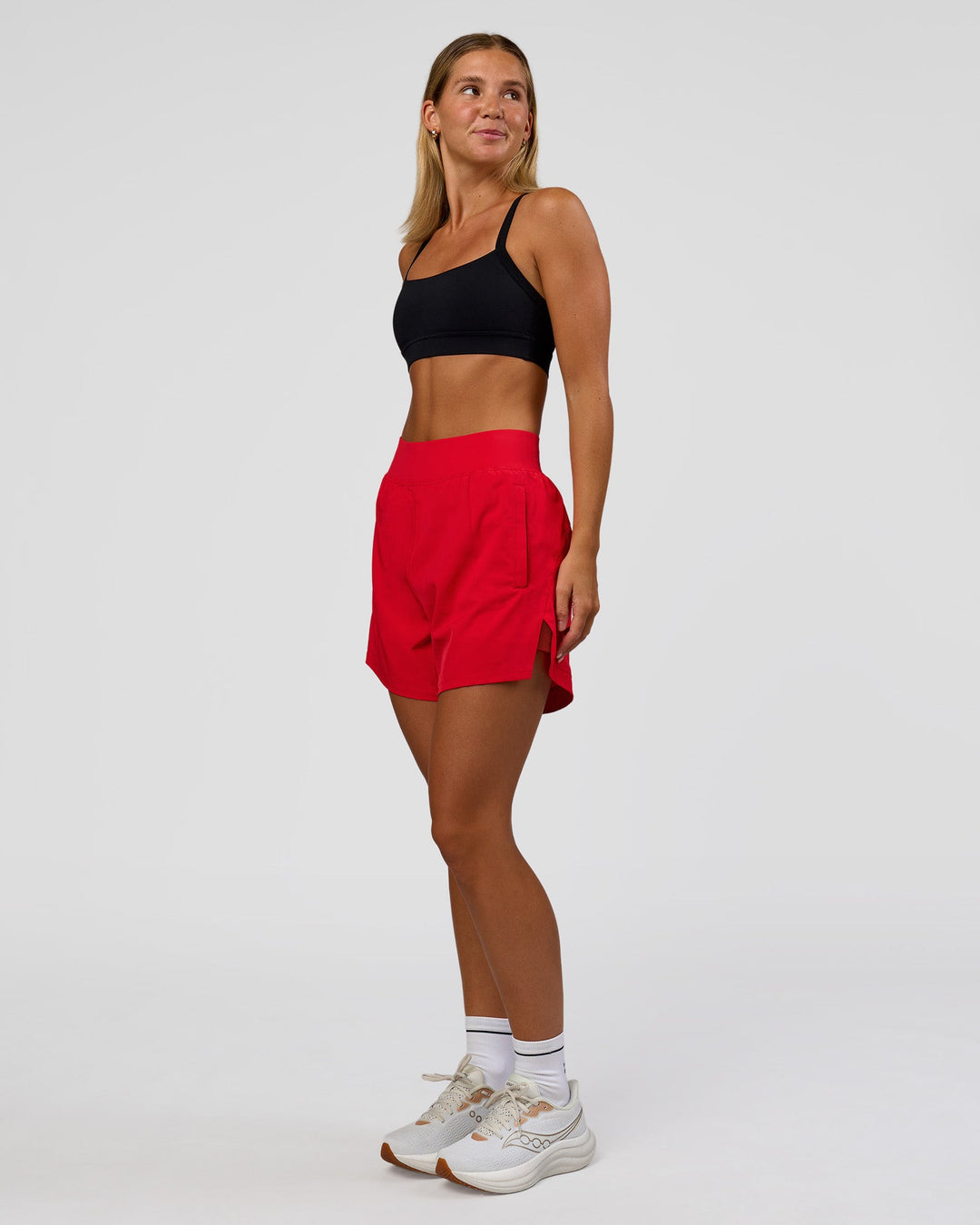 Woman wearing Challenger 5" Lined Performance Short - Scarlet | Model:Amity | Size:S