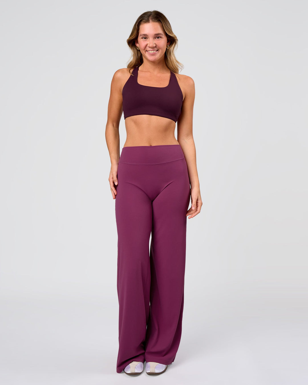 Woman wearing Elixir High-Rise Pant - Boysenberry | Model:Amity | Size:S - view 2
