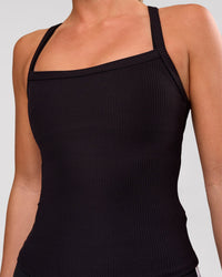 Woman wearing Flame Ribbed Regular Length Tank - Black | Model: Amity | Size: S | Thumbnail Index: 0