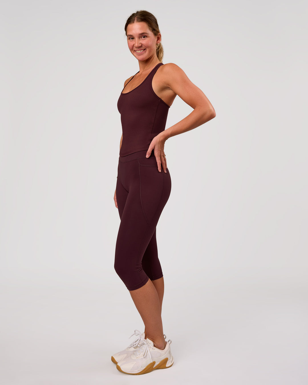 Woman wearing Flow Rep Scoop Neck Tank - Cherry Lacquer | Model:Amity | Size:S - view 4
