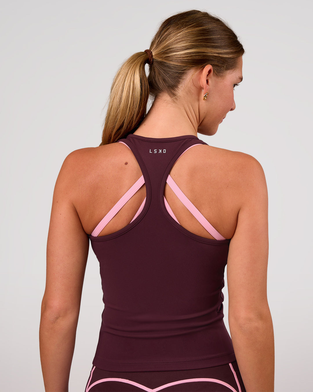 Woman wearing Flow Rep Scoop Neck Tank - Cherry Lacquer | Model:Amity | Size:S - view 6
