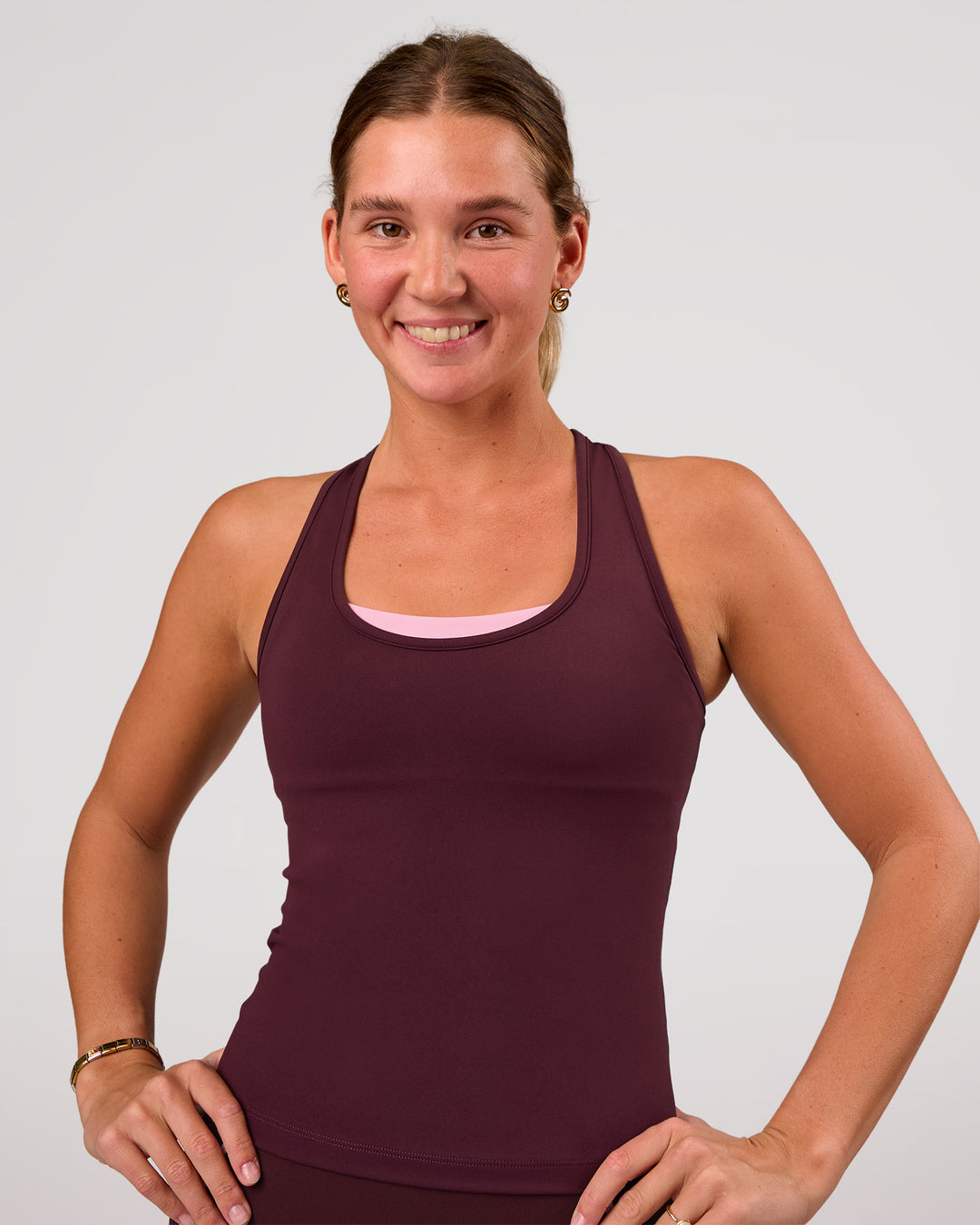 Woman wearing Flow Rep Scoop Neck Tank - Cherry Lacquer | Model:Amity | Size:S - view 8