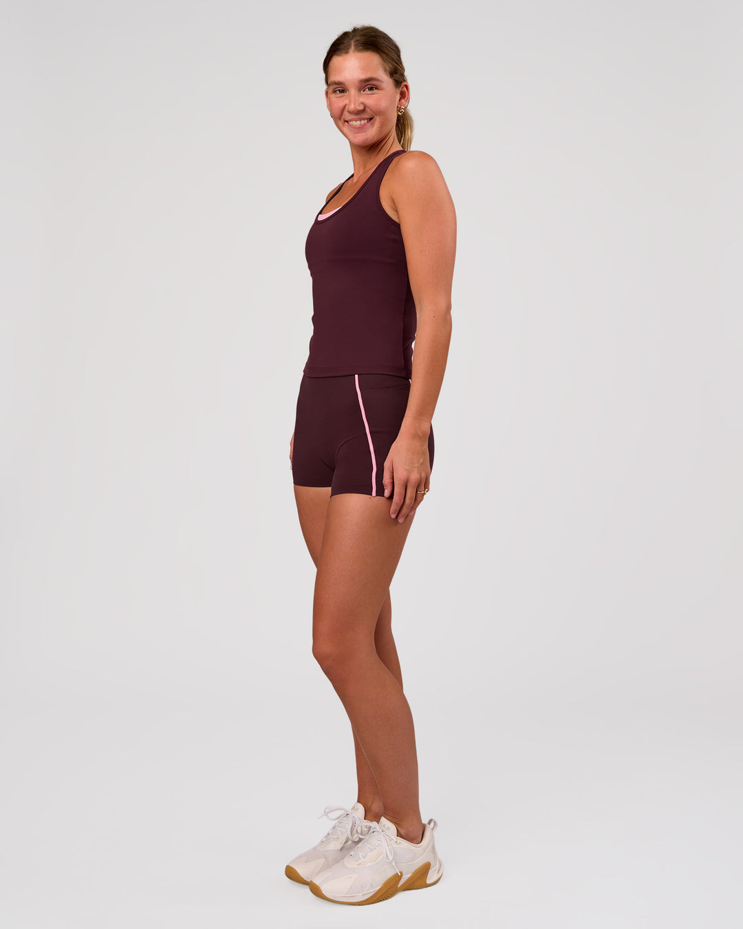 Woman wearing Flow Rep Scoop Neck Tank - Cherry Lacquer | Model:Amity | Size:S - view 9