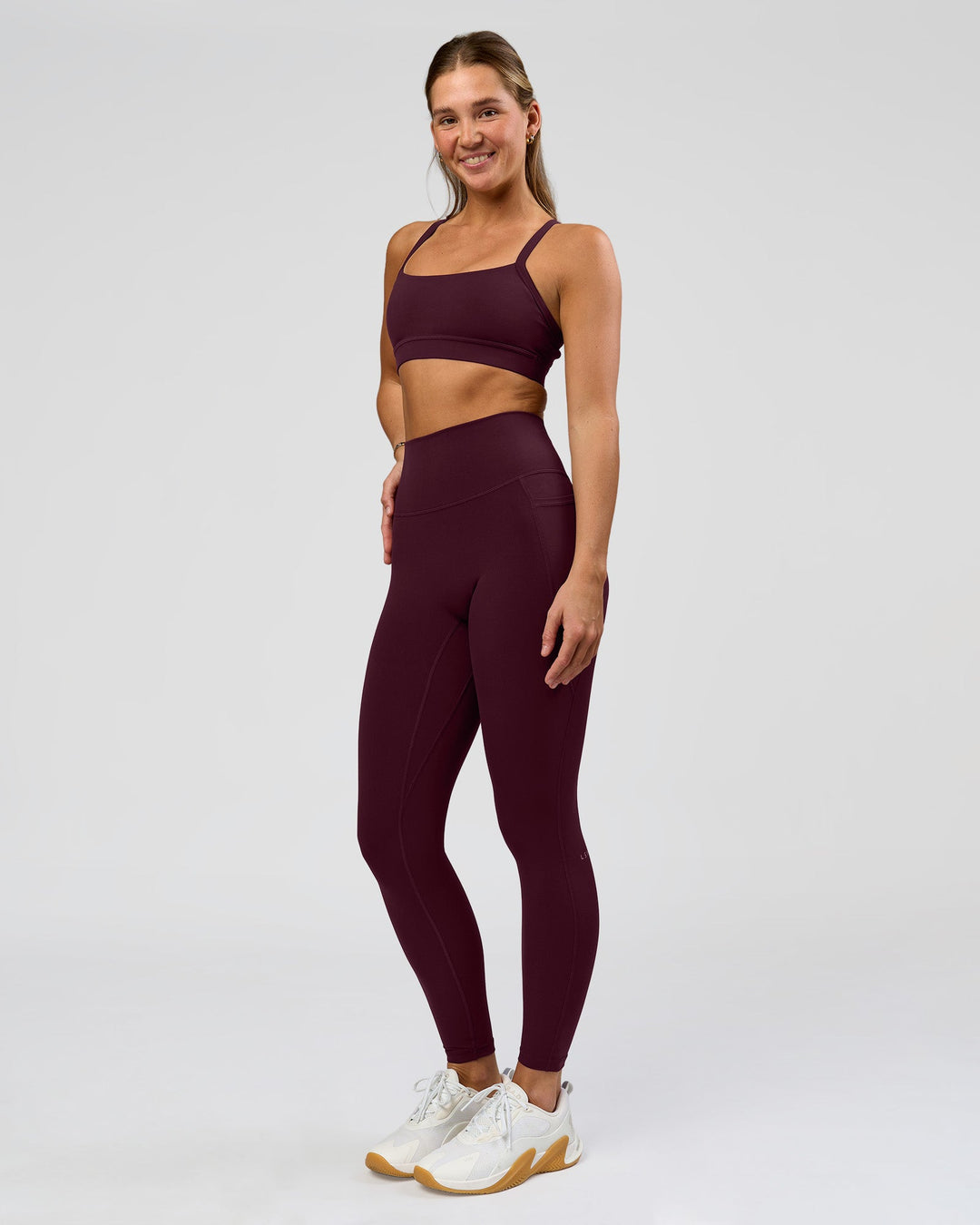 Woman wearing O.G. Fusion Ultra High-Rise Full Length Legging Pockets - Cherry Lacquer | Model:Amity | Size:S - view 6