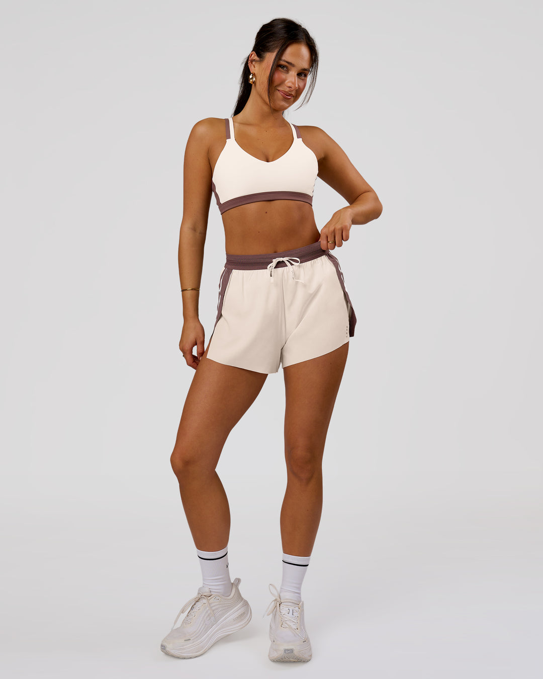 Woman wearing Accelerate 3" Force High-Rise Running Short - Cocoa Powder-Off White | Model:Bianca | Size:S - view 4