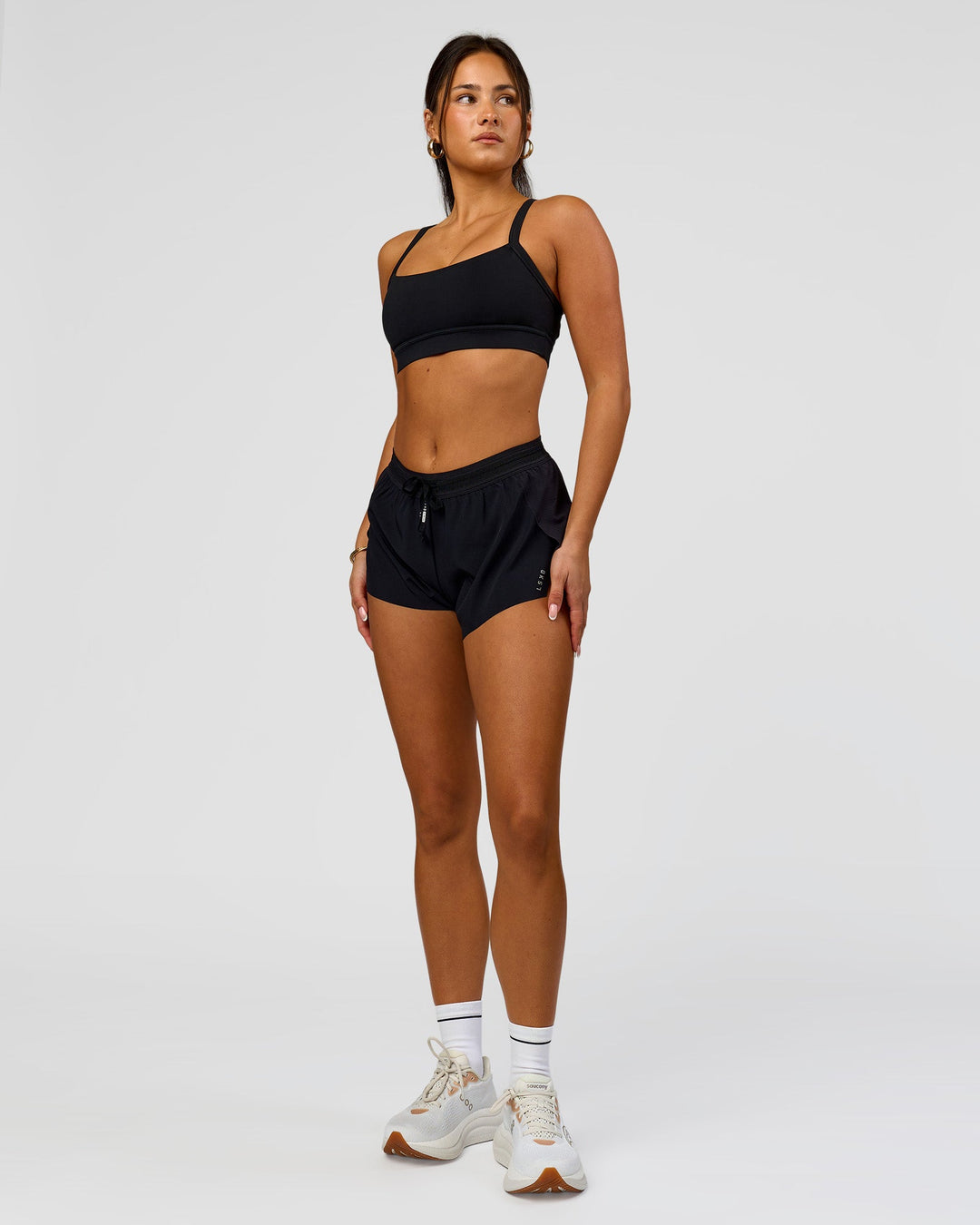 Woman wearing Accelerate 3" Mid-Rise Running Short - Black | Model:Bianca | Size:S - view 5