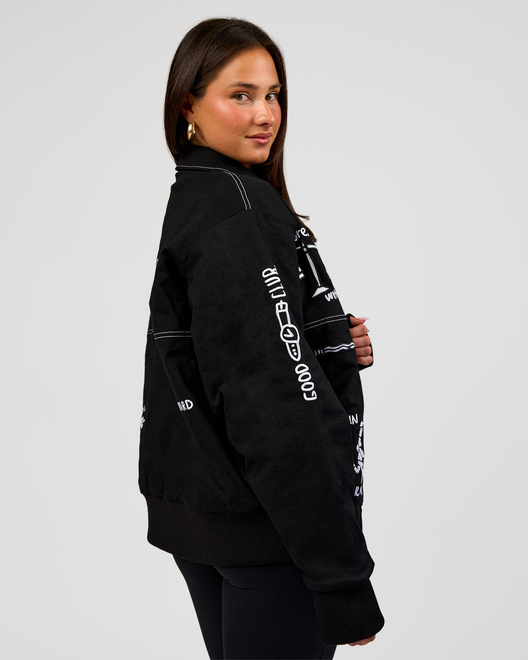 Woman wearing Andrew J. Steel x LSKD Bomber Jacket - Black | Model:Bianca | Size:S - view 8