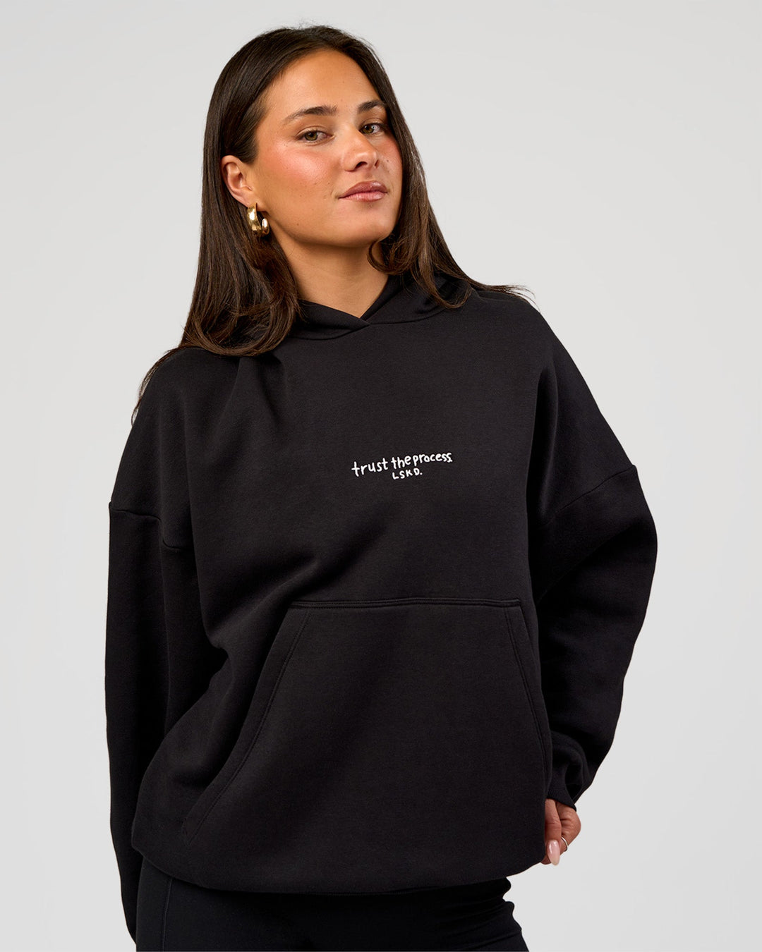 Woman wearing Andrew J. Steel x LSKD Boxy Hoodie - Black | Model:Bianca | Size:S - view 3