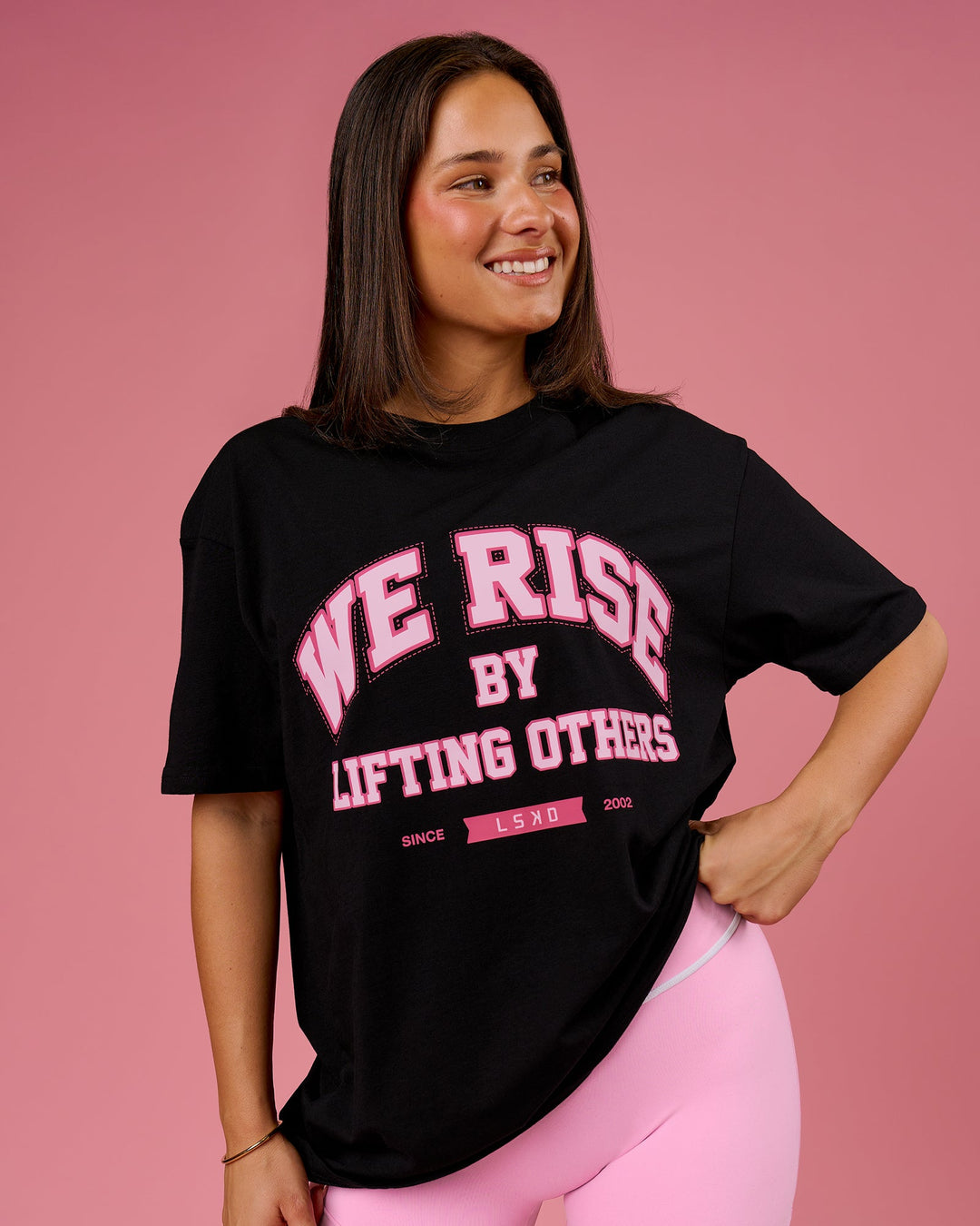 Woman wearing BCAM FLXCotton Graphic Oversized Tee - Black | Model:Bianca | Size:S - view 3