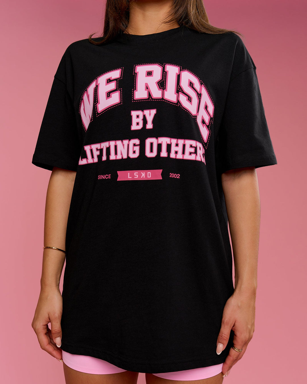 Woman wearing BCAM FLXCotton Graphic Oversized Tee - Black | Model:Bianca | Size:S - view 15