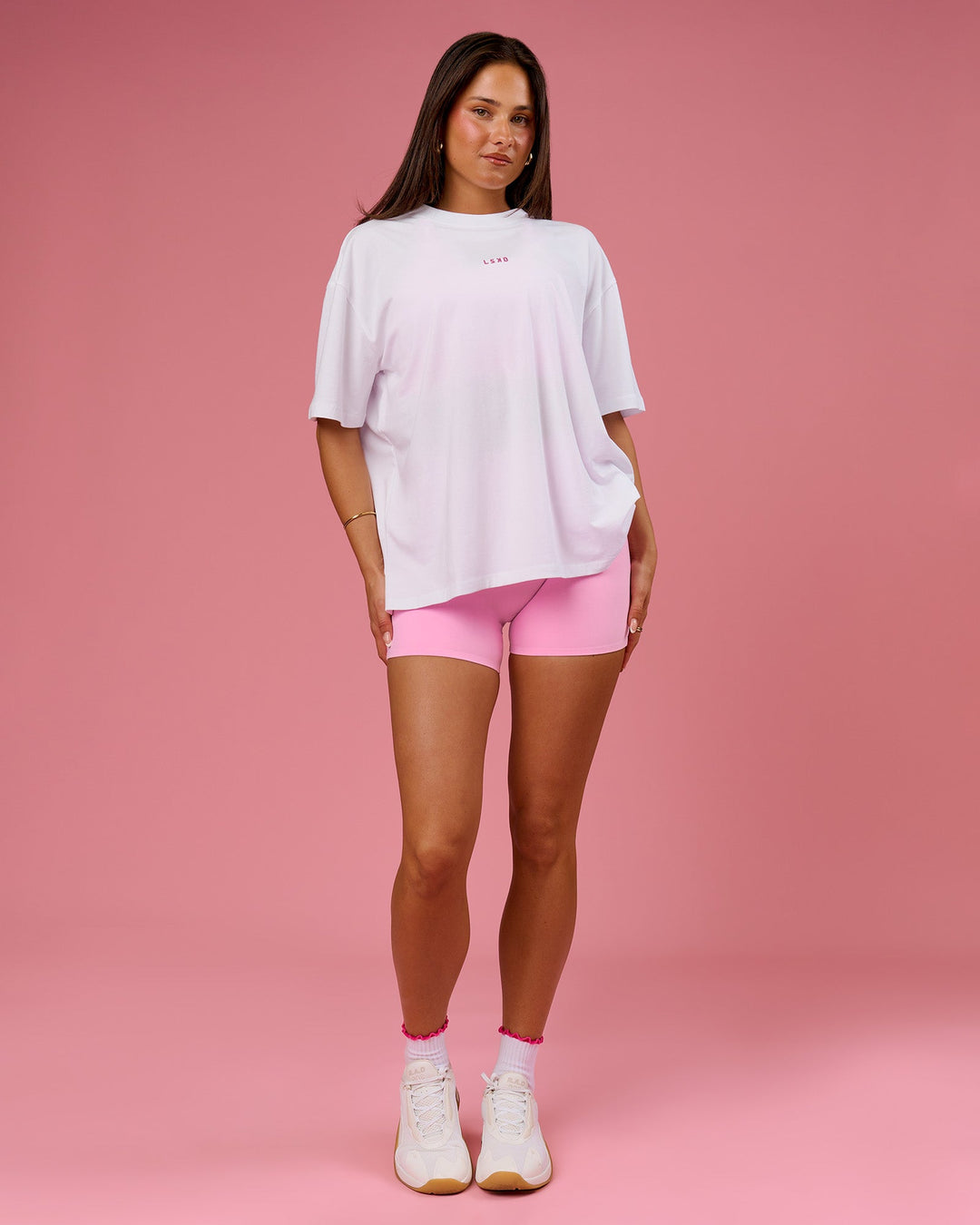 Woman wearing BCAM Go-To FLXCotton Oversized Tee - White-Marshmallow | Model:Bianca | Size:S - view 3