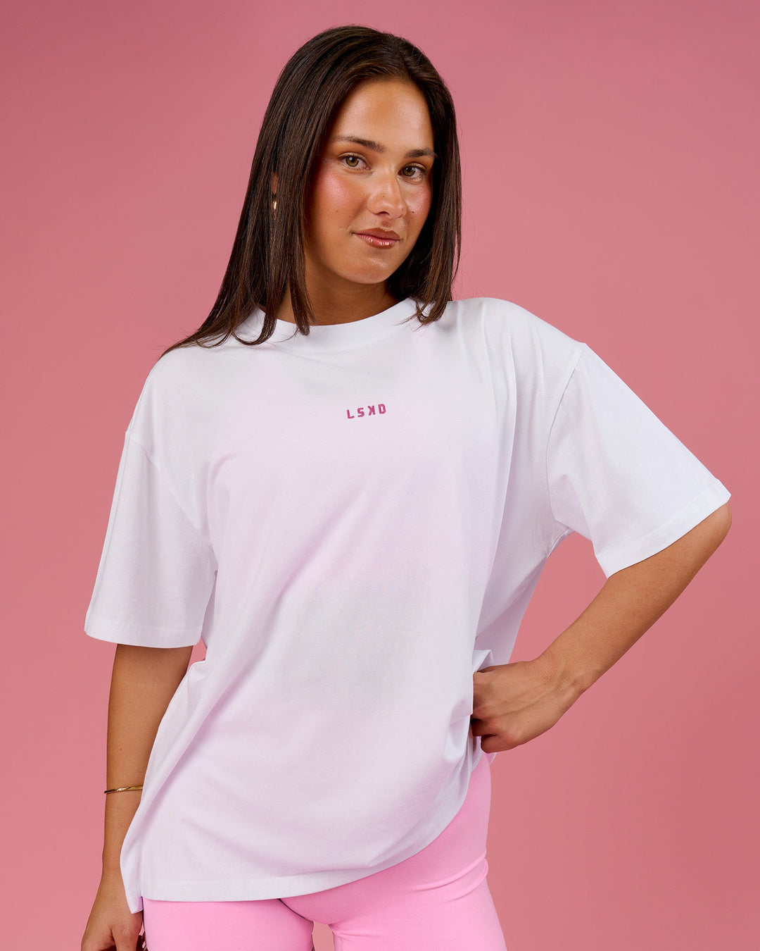 Woman wearing BCAM Go-To FLXCotton Oversized Tee - White-Marshmallow | Model:Bianca | Size:S - view 4