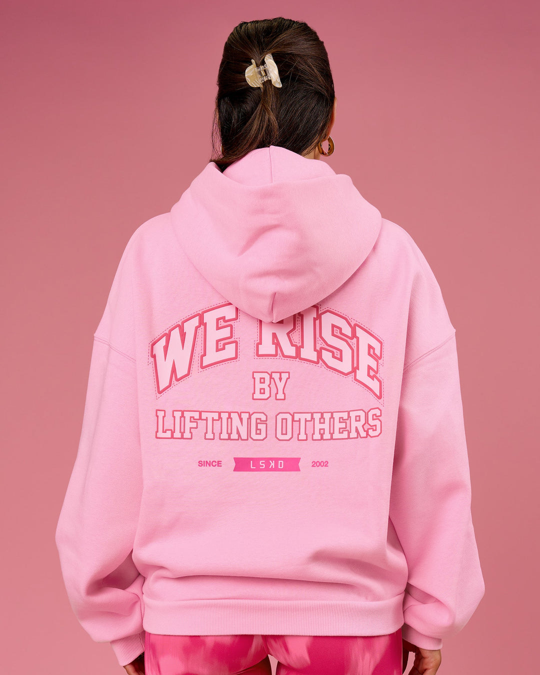 Woman wearing BCAM Heavyweight Boxy Hoodie - Pink Rose | Model:Bianca | Size:S - view 3