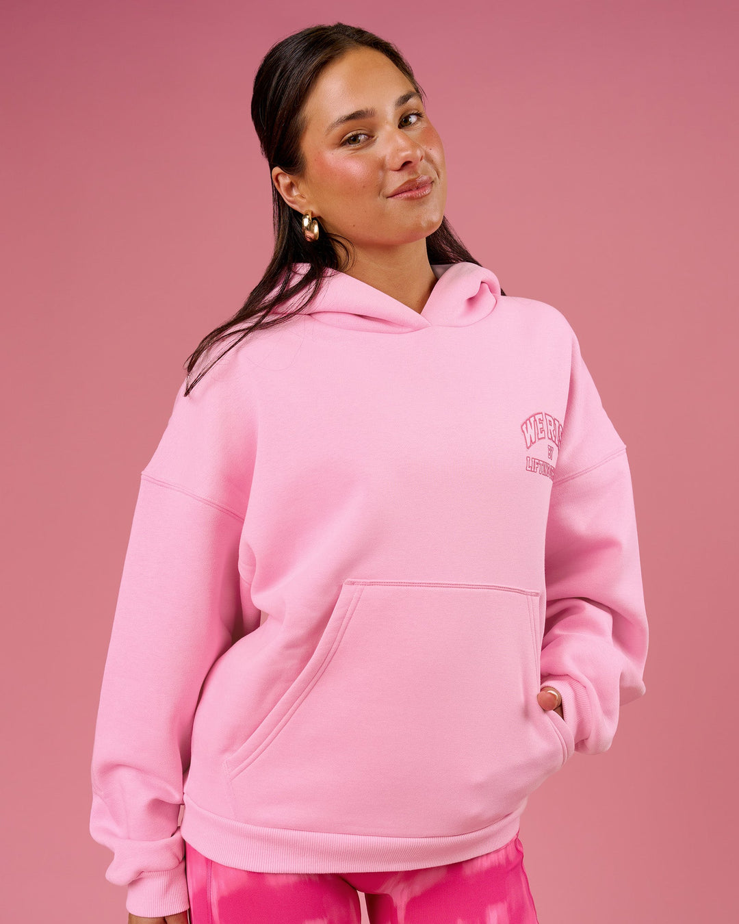 Woman wearing BCAM Heavyweight Boxy Hoodie - Pink Rose | Model:Bianca | Size:S - view 13