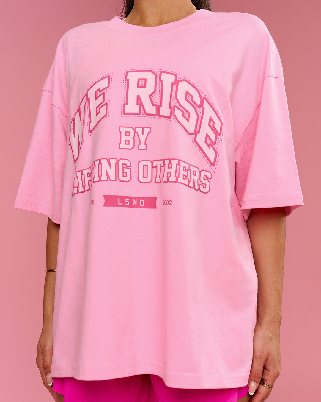Woman wearing BCAM Heavyweight FLXCotton Graphic Boxed Tee - Pink Rose | Model:Bianca | Size:S - view 6