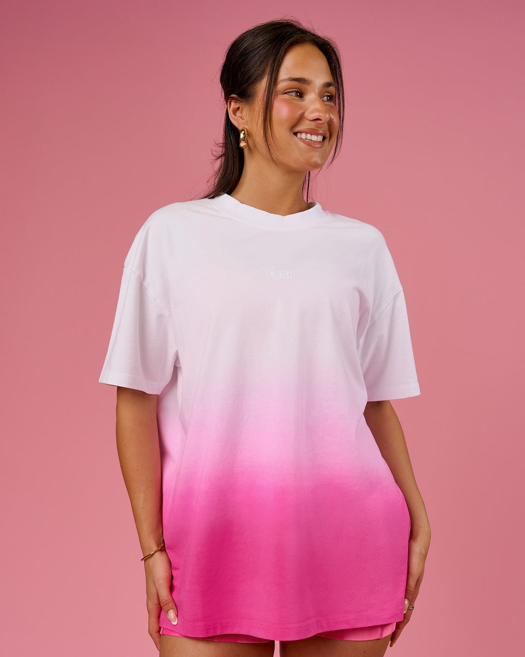 Woman wearing BCAM Ombre Heavyweight FLXCotton Oversized Tee  - White-Ultra Pink | Model:Bianca | Size:S - view 3