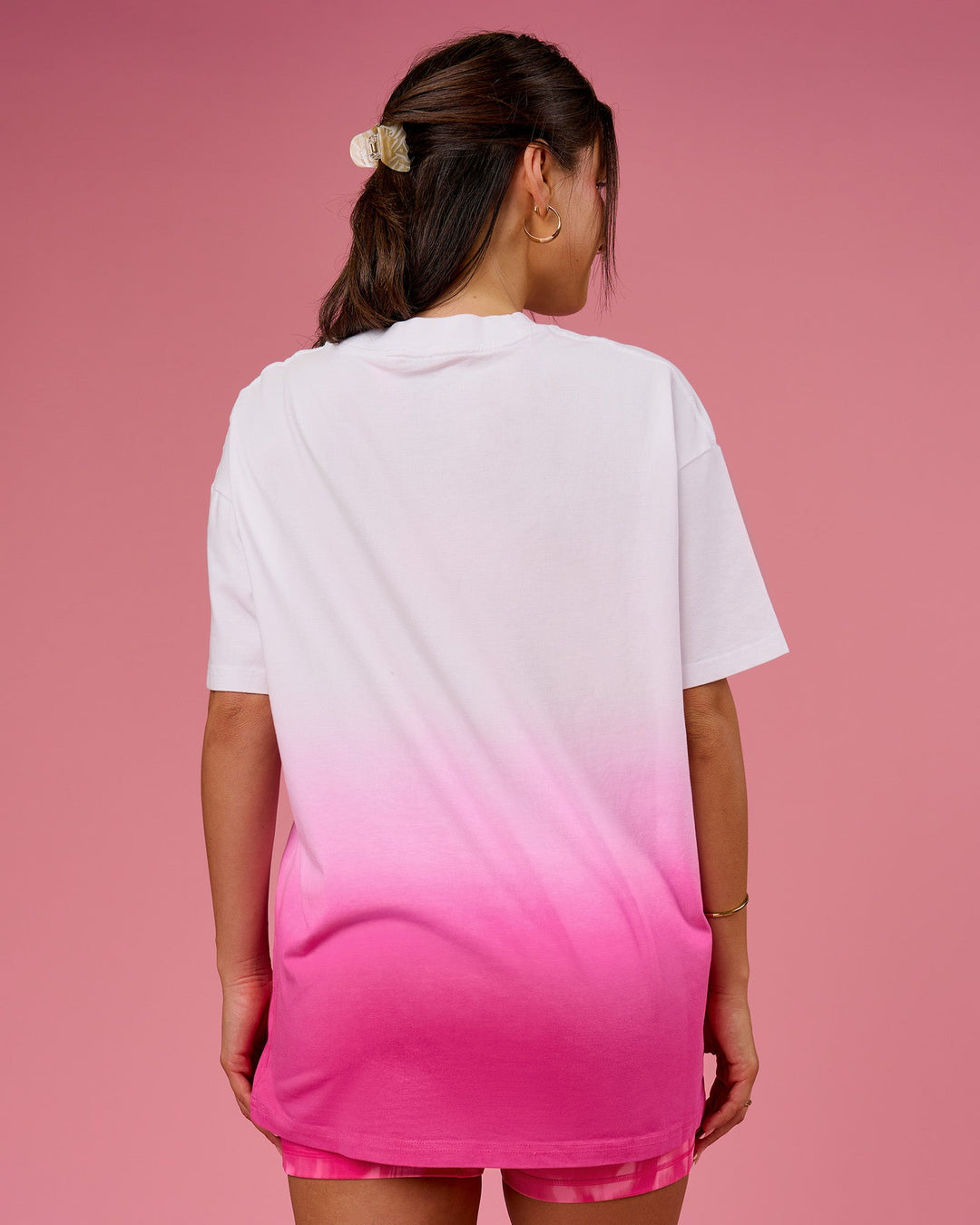 Woman wearing BCAM Ombre Heavyweight FLXCotton Oversized Tee  - White-Ultra Pink | Model:Bianca | Size:S - view 5