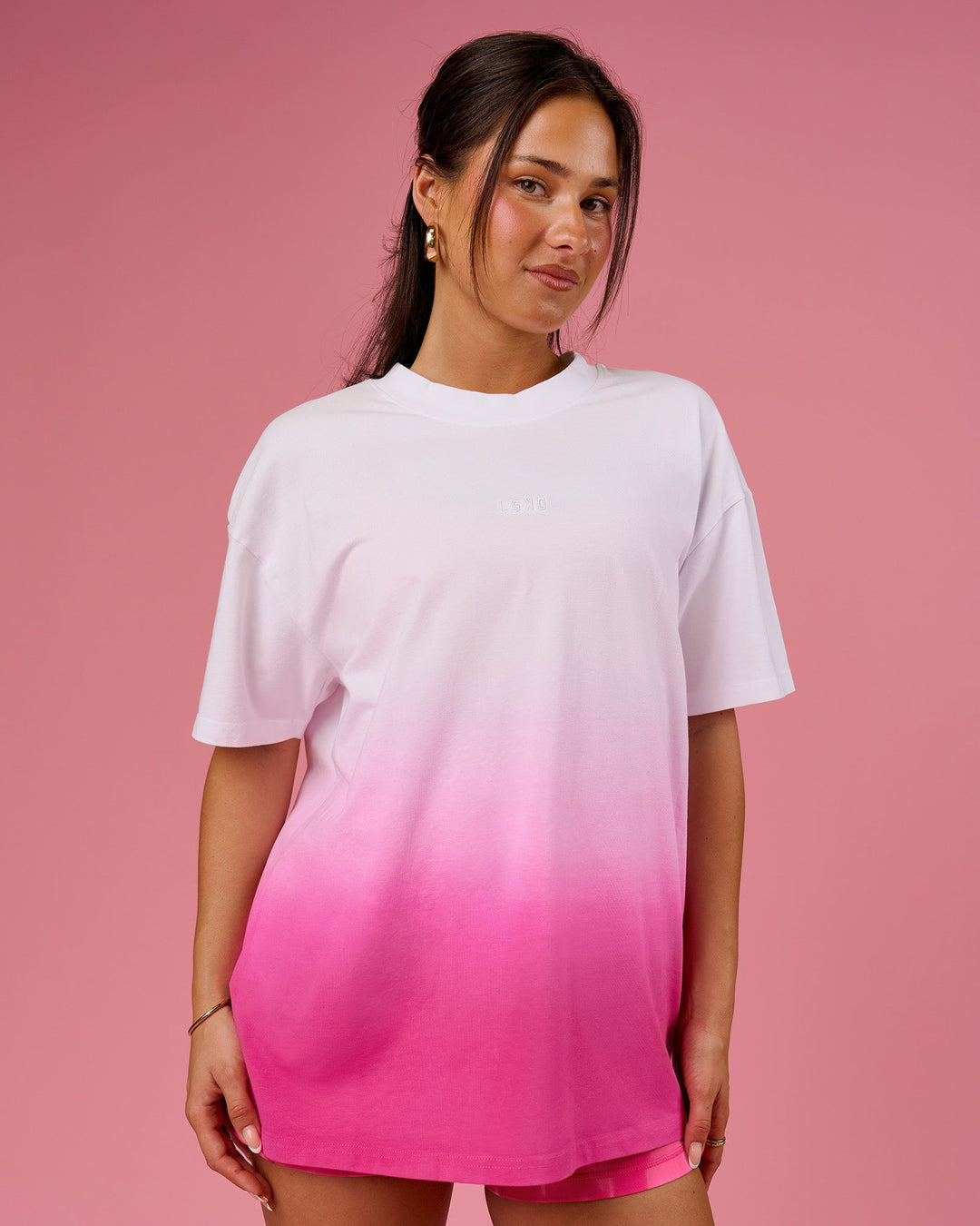 Woman wearing BCAM Ombre Heavyweight FLXCotton Oversized Tee  - White-Ultra Pink | Model:Bianca | Size:S - view 9