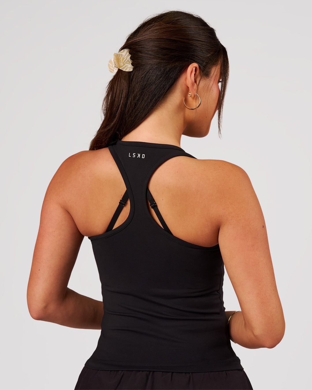 Woman wearing Flow Rep Scoop Neck Tank - Black | Model:Bianca | Size:S - view 2