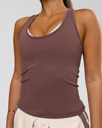 Woman wearing Flow Rep Scoop Neck Tank - Cocoa Powder | Model:Bianca | Size:S | Thumbnail Index: 1